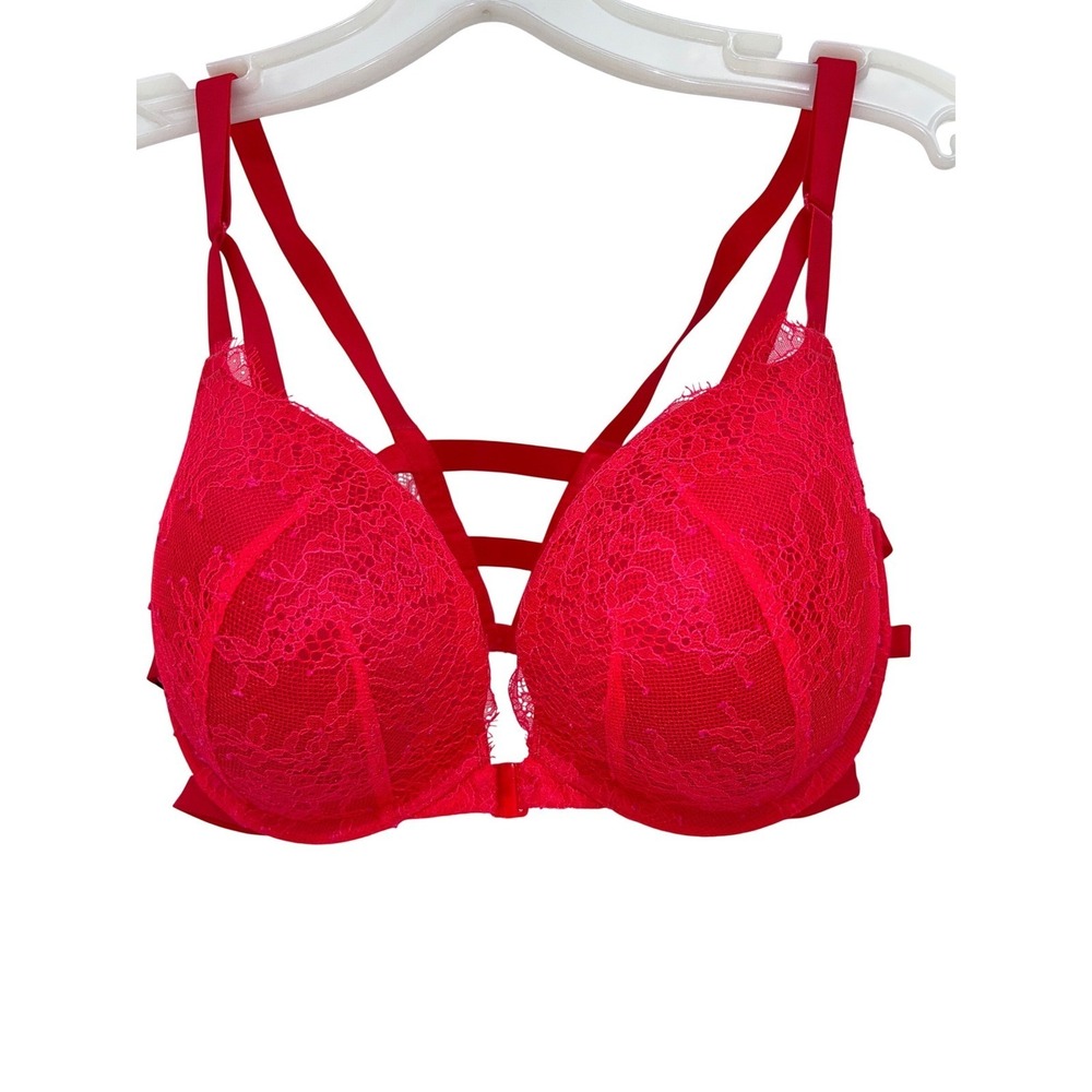 Victorias Secret Red Lace Caged Strappy Front Close Push-Up Bra 36D  Underwire